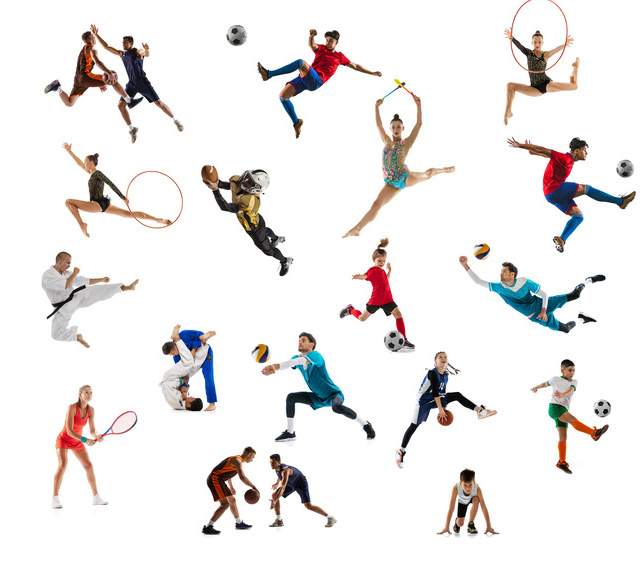 Collage of sportive people, adults and children doing different sports, posing isolated over white background.